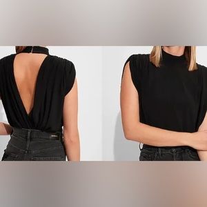EXPRESS NWT XS BLACK Draped Mock Neck Open Back Thong Bodysuit